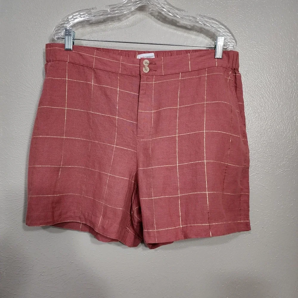 Liz Claiborne Size 14‎ Women's Rose Linen Blend Shorts Windowpane Plaid Summer